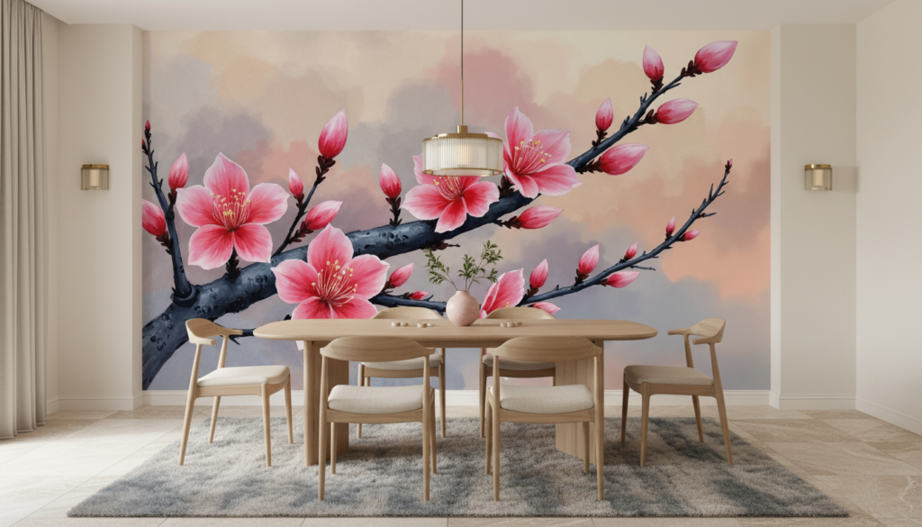 Branche de cerisier japonais aux fleurs roses délicates - Salle à manger