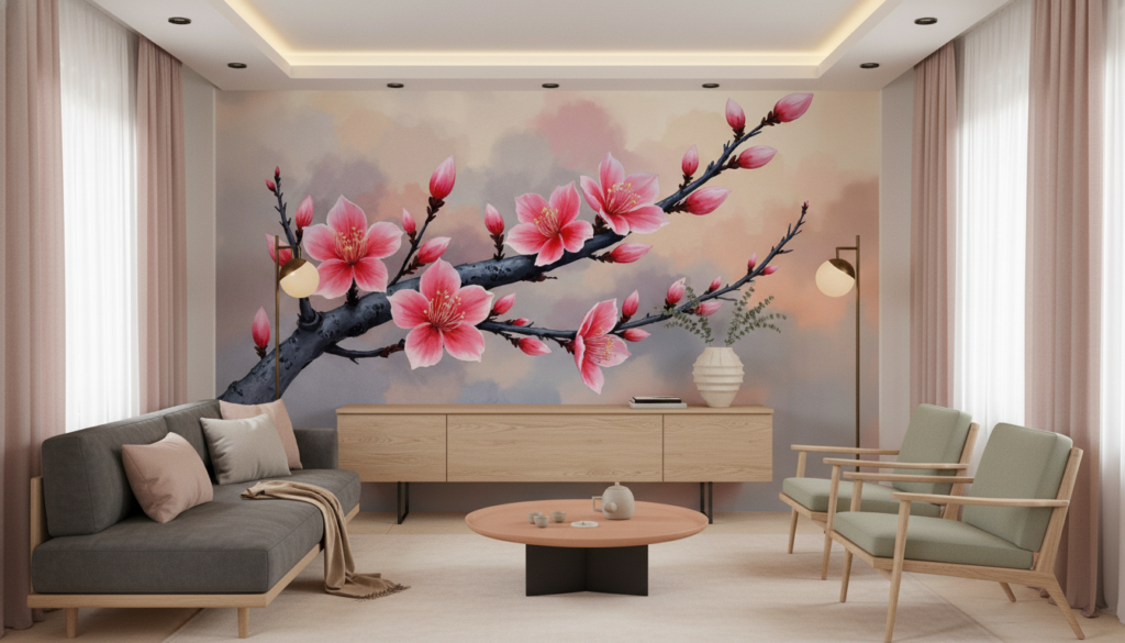 Branche de cerisier japonais aux fleurs roses délicates - Salon / Séjour