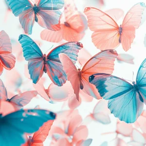 Papier peint papillons translucides rose et bleu ambiance féerique