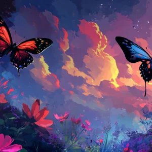 Papier Peint Tropical Crépusculaire aux Papillons Exotiques Colorés