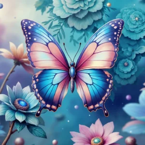 Papier peint fantaisie papillon multicolore et fleurs délicates sur fond bleu