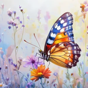 Papier peint artistique papillon coloré dans prairie fleurie