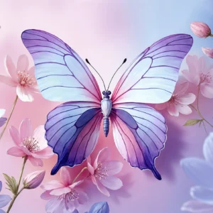 Papier Peint Papillon Violet et Fleurs Rose sur Fond Dégradé