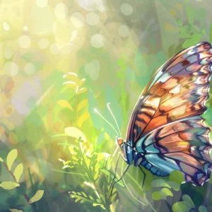 Papier Peint Papillon Tropical aux Couleurs Chatoyantes et Lumière Dorée