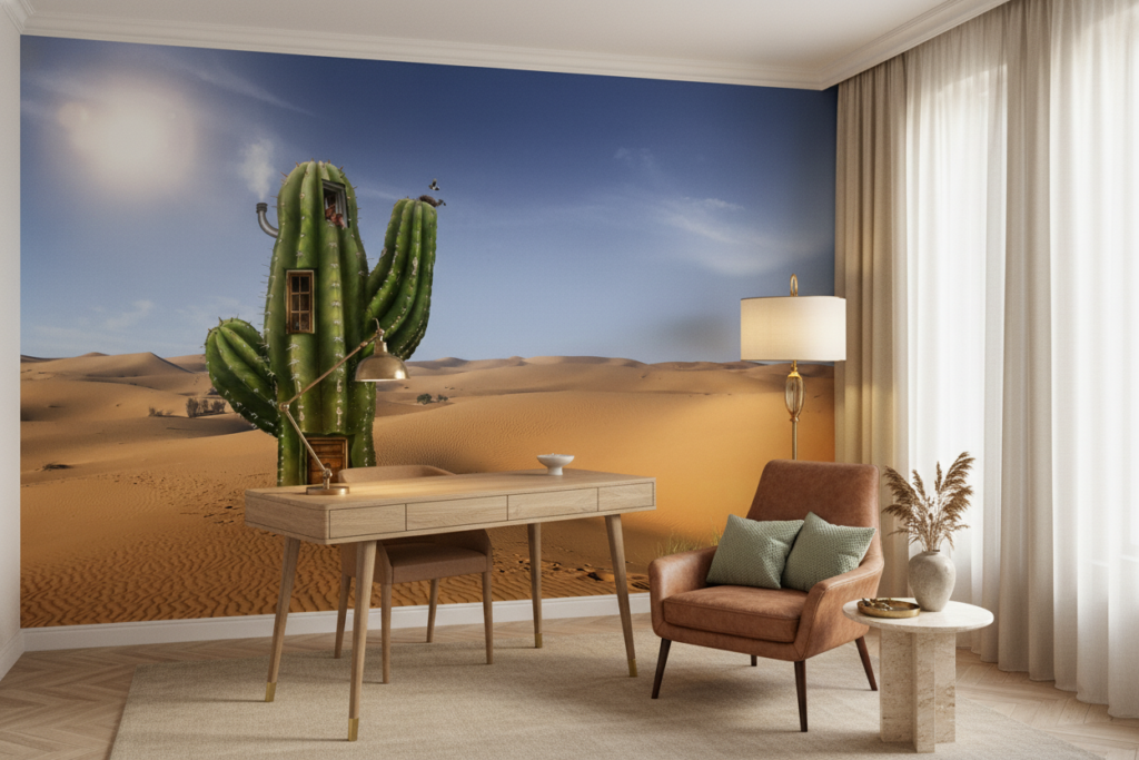 Cactus Habitable dans le Désert - Papier Peint Fantaisie Surréaliste - Bureau
