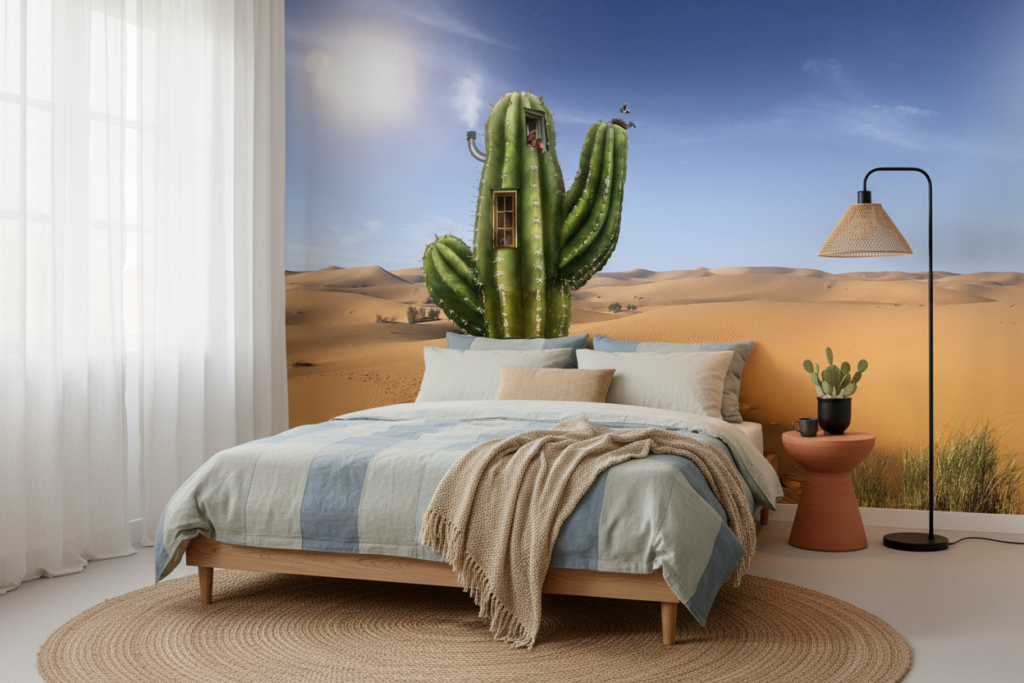 Cactus Habitable dans le Désert - Papier Peint Fantaisie Surréaliste - Chambre adulte