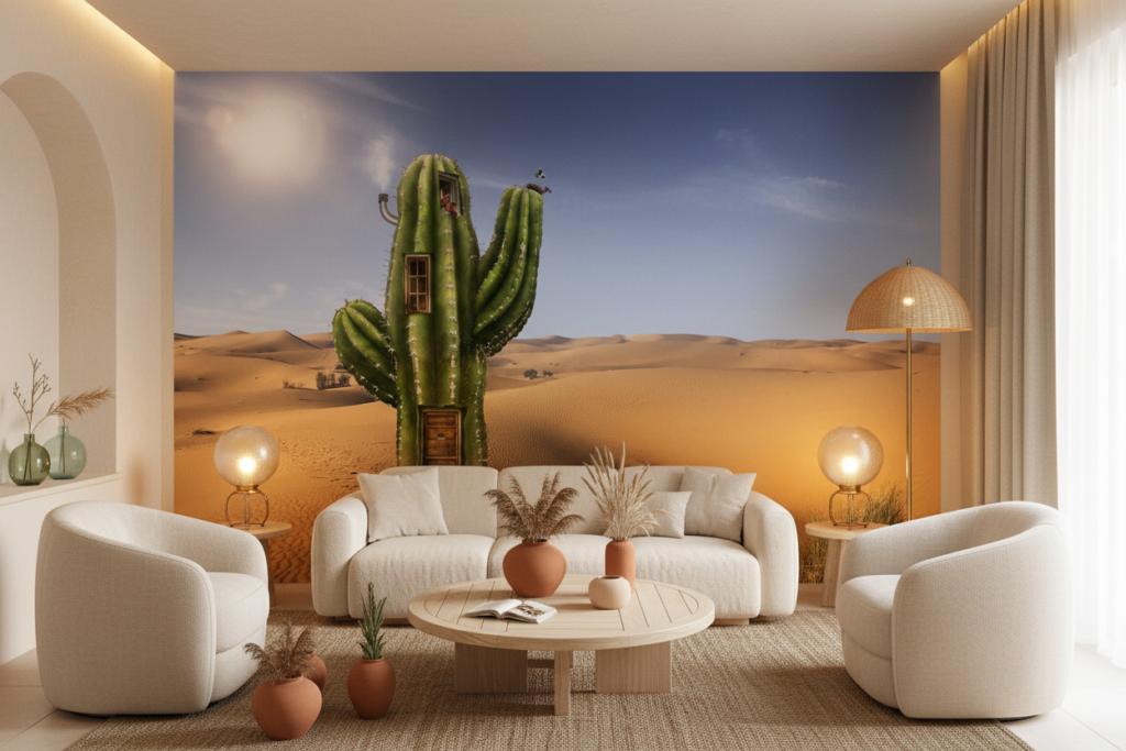 Cactus Habitable dans le Désert - Papier Peint Fantaisie Surréaliste - Salon / Séjour