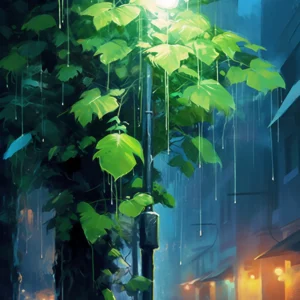 Papier peint urbain nocturne avec végétation luxuriante sous la pluie