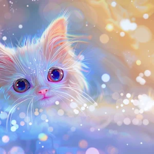 Chaton féerique aux yeux bleus sur fond lumineux irisé