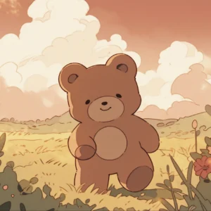 Papier Peint Ourson Mignon dans Prairie Fleurie au Coucher du Soleil