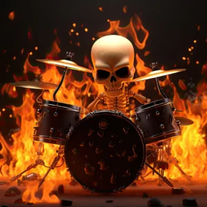 Papier Peint Squelette Batteur Rock dans les Flammes Infernales