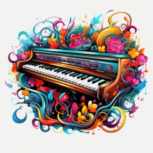 Papier peint piano vintage avec explosion florale multicolore artistique