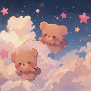 Papier peint enfant oursons kawaii dans les nuages étoilés roses