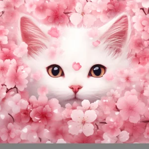 Papier peint chat blanc dans jardin de fleurs roses