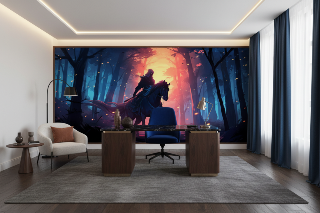 Cavalier Mystique dans la Forêt Enchantée au Coucher du Soleil - Bureau