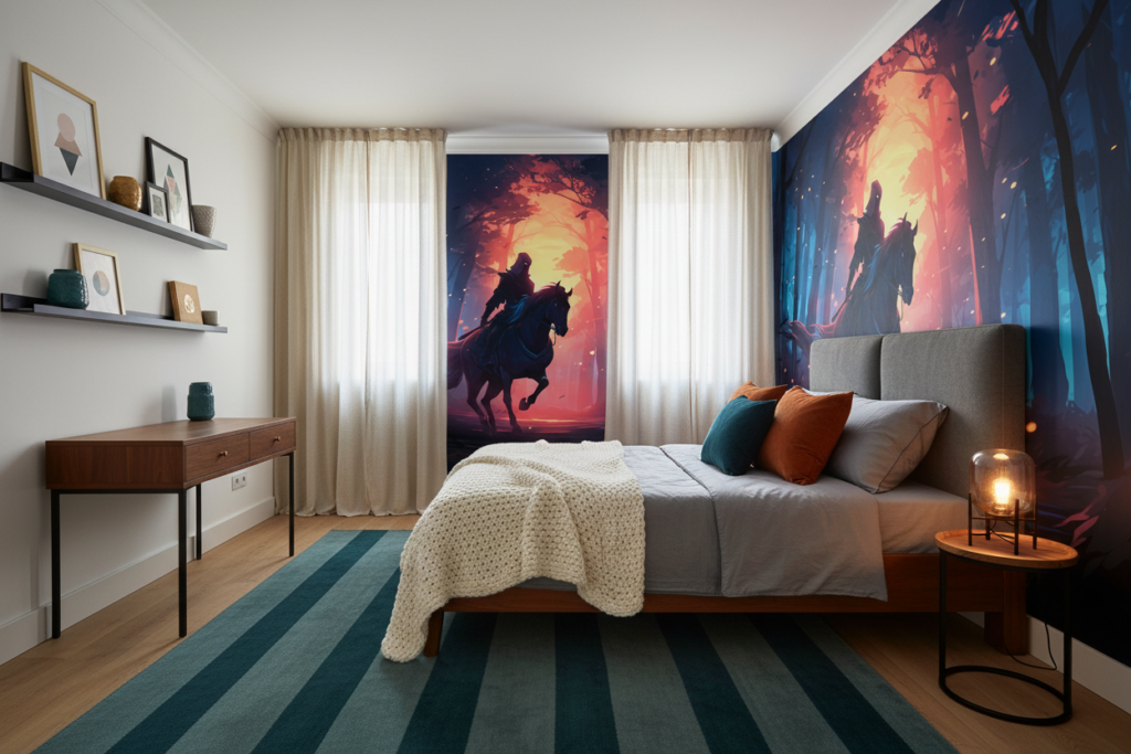 Cavalier Mystique dans la Forêt Enchantée au Coucher du Soleil - Chambre ado