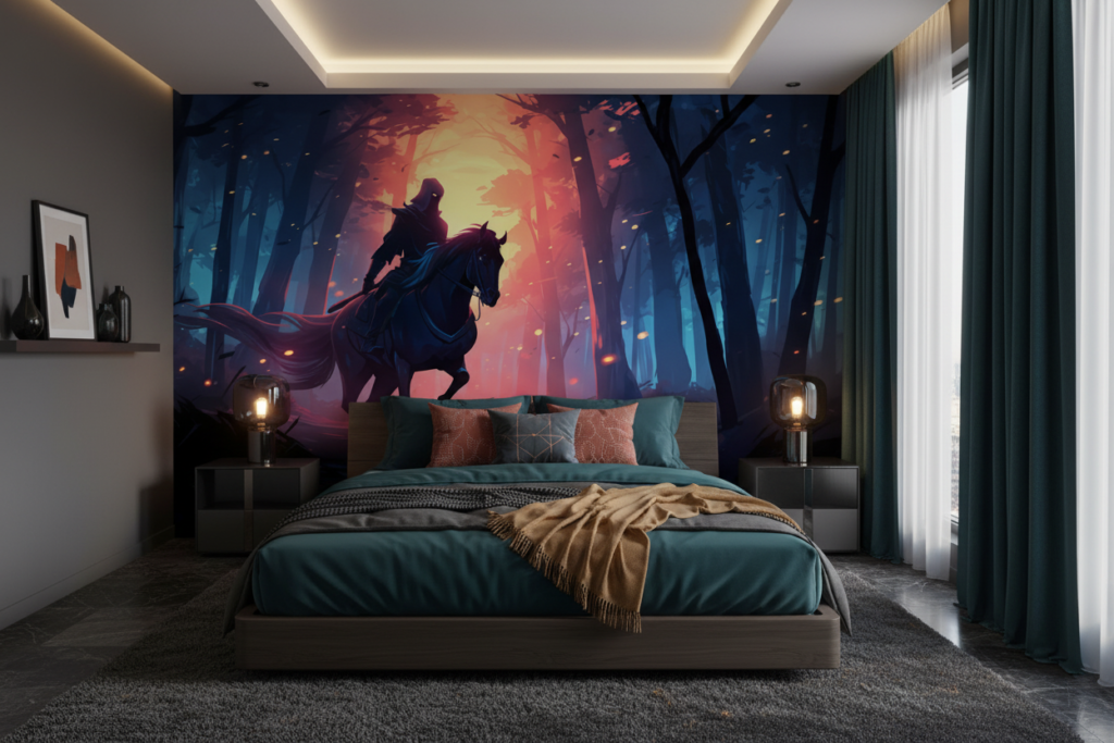 Cavalier Mystique dans la Forêt Enchantée au Coucher du Soleil - Chambre adulte