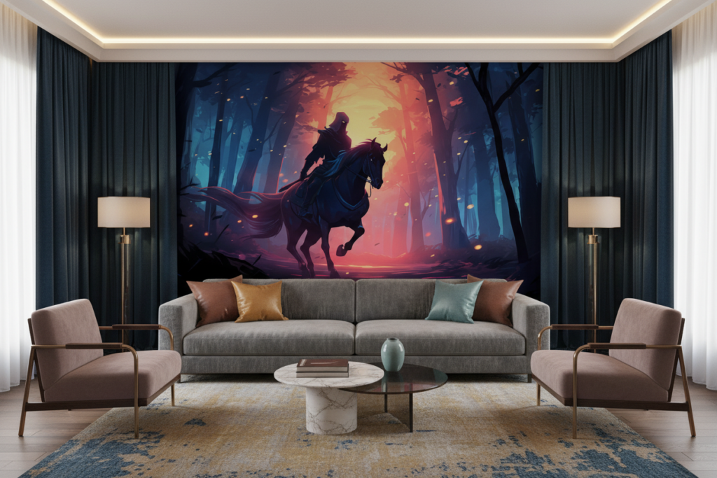 Cavalier Mystique dans la Forêt Enchantée au Coucher du Soleil - Salon / Séjour
