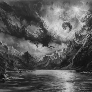Paysage Lunaire Dramatique Montagnes Tempête Noir et Blanc
