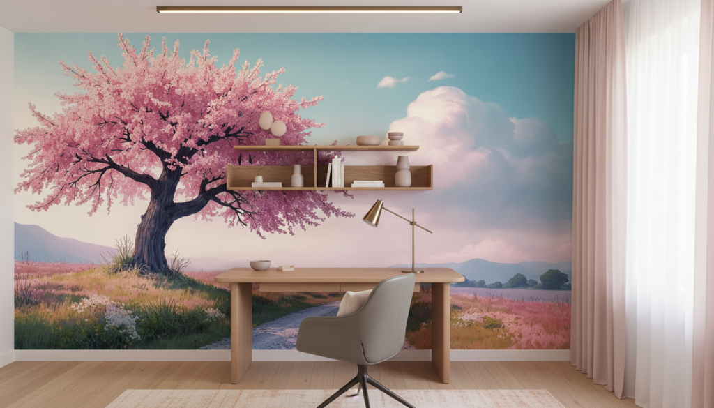 Cerisier en fleurs rose sur chemin de campagne pastoral - Bureau