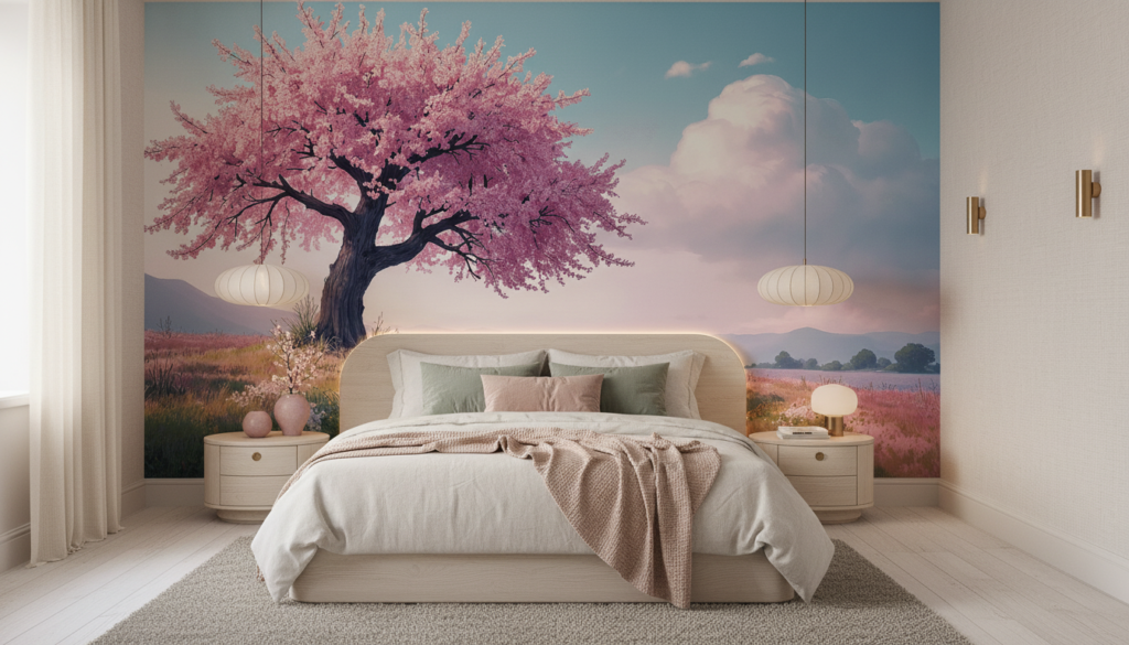 Cerisier en fleurs rose sur chemin de campagne pastoral - Chambre adulte