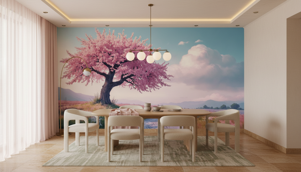 Cerisier en fleurs rose sur chemin de campagne pastoral - Salle à manger