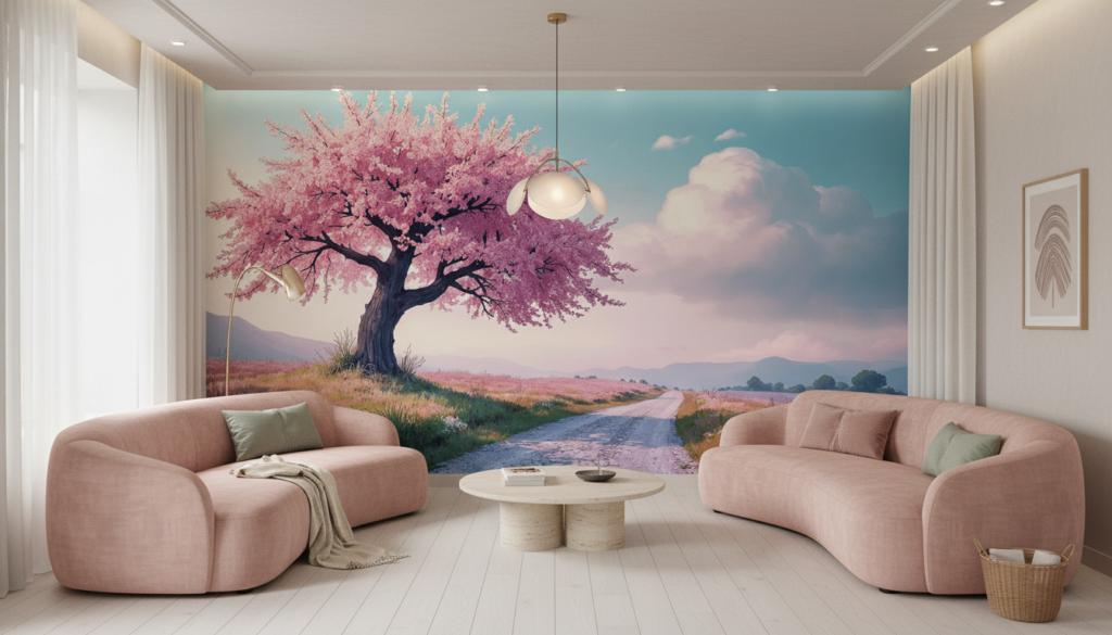 Cerisier en fleurs rose sur chemin de campagne pastoral - Salon / Séjour