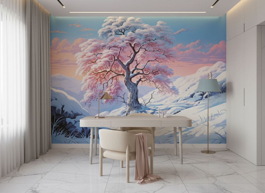 Cerisier Rose dans Paysage Hivernal sous Ciel Pastel Romantique - Bureau