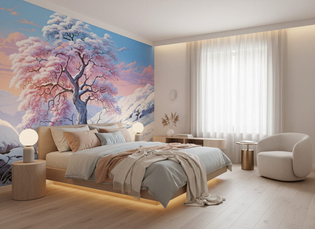 Cerisier Rose dans Paysage Hivernal sous Ciel Pastel Romantique - Chambre adulte