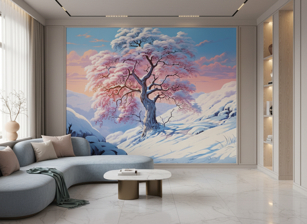 Cerisier Rose dans Paysage Hivernal sous Ciel Pastel Romantique - Hôtel