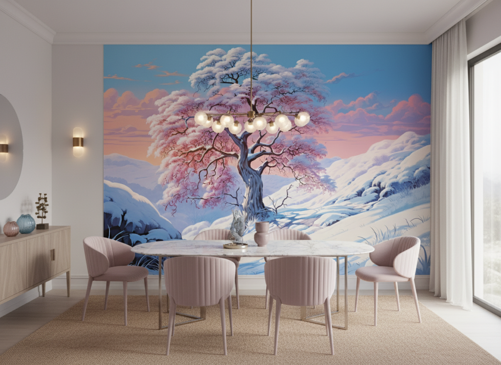 Cerisier Rose dans Paysage Hivernal sous Ciel Pastel Romantique - Salle à manger