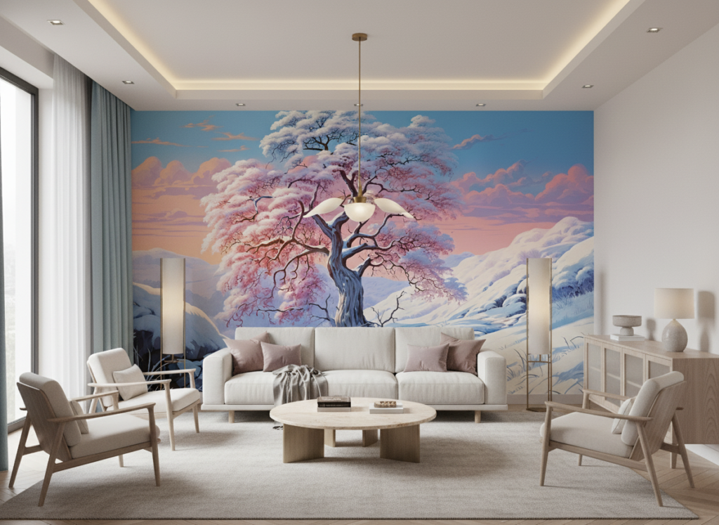 Cerisier Rose dans Paysage Hivernal sous Ciel Pastel Romantique - Salon / Séjour