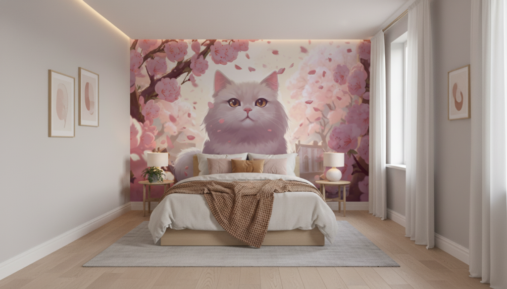 Chat adorable sous cerisiers en fleurs roses délicats - Chambre ado