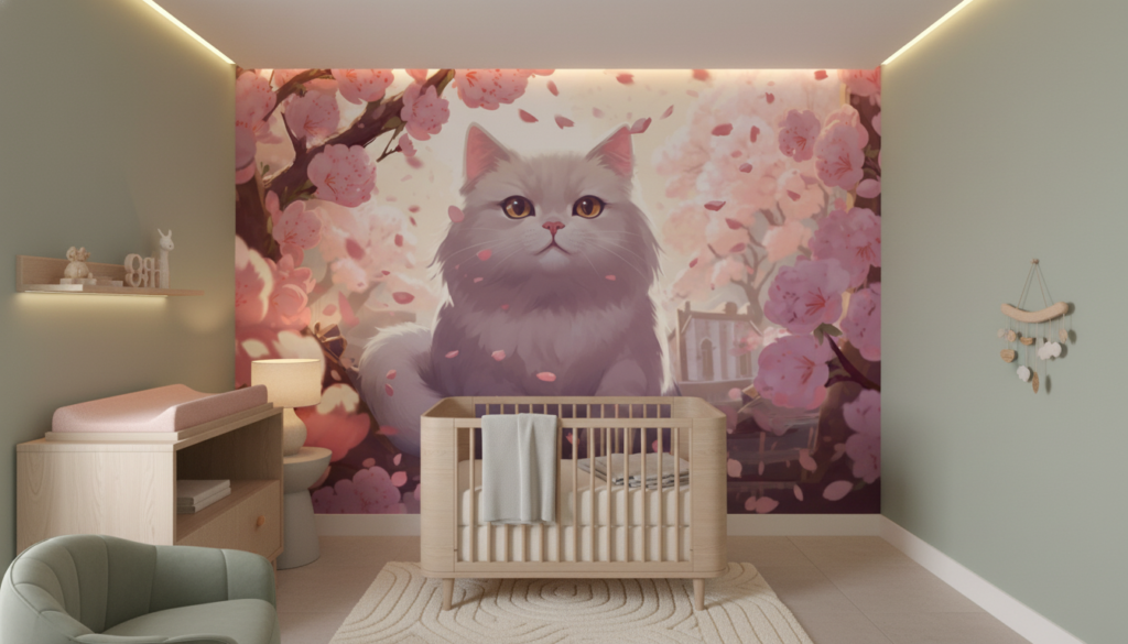 Chat adorable sous cerisiers en fleurs roses délicats - Chambre bébé