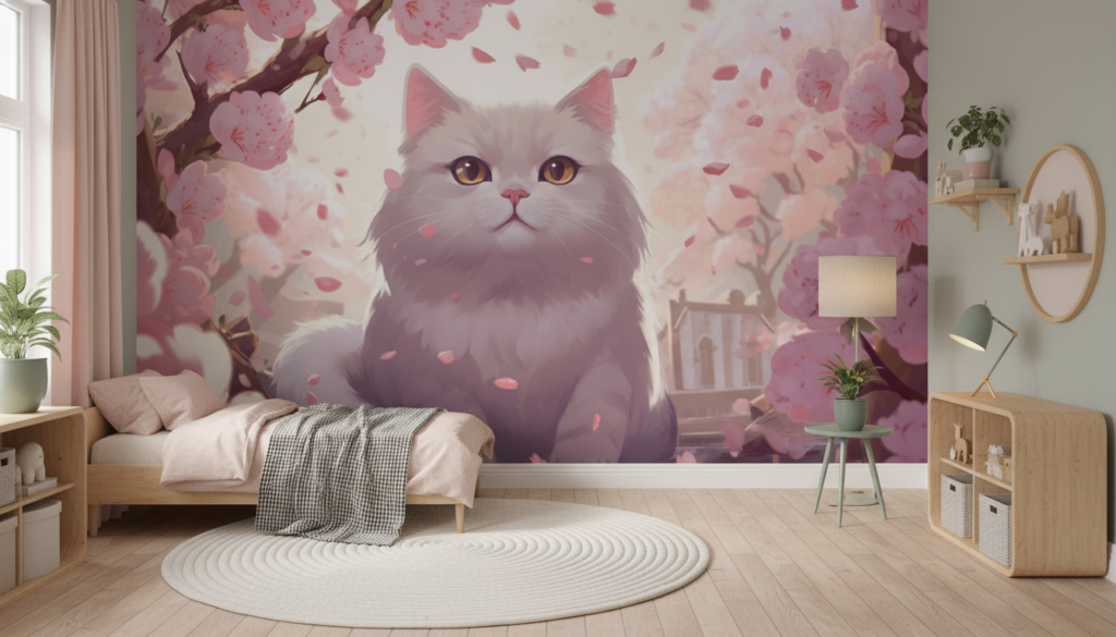 Chat adorable sous cerisiers en fleurs roses délicats - Chambre enfant