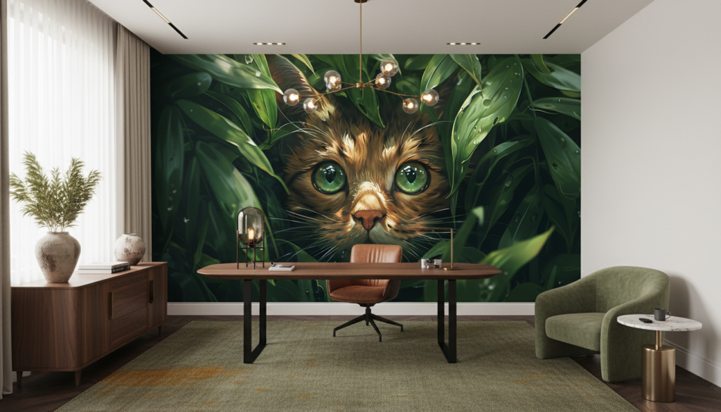 Chat aux yeux verts caché dans la végétation luxuriante - Bureau