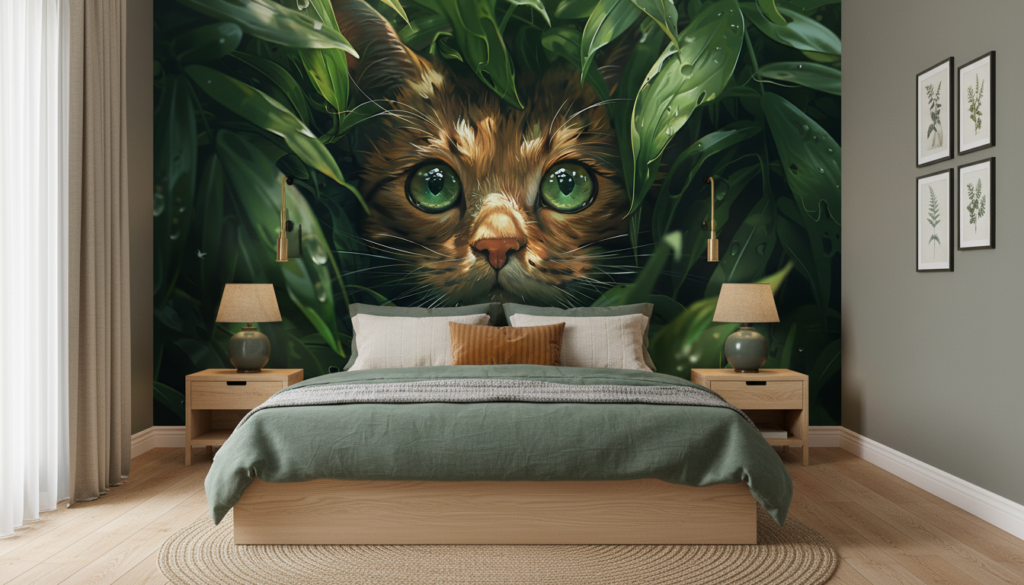 Chat aux yeux verts caché dans la végétation luxuriante - Chambre adulte