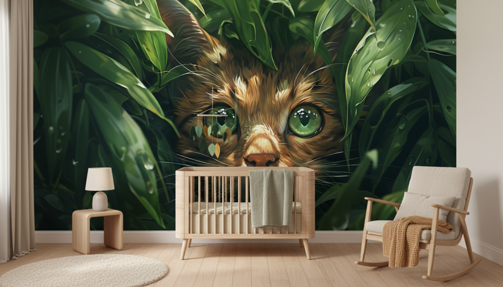 Chat aux yeux verts caché dans la végétation luxuriante - Chambre bébé