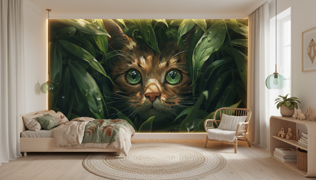 Chat aux yeux verts caché dans la végétation luxuriante - Chambre enfant