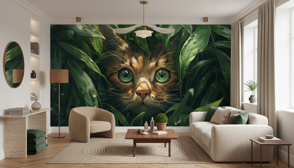 Chat aux yeux verts caché dans la végétation luxuriante - Salon / Séjour