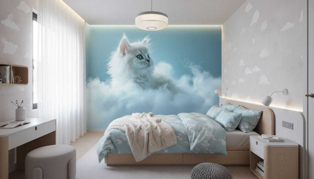 Chat blanc aux yeux bleus dans les nuages célestes - Chambre ado