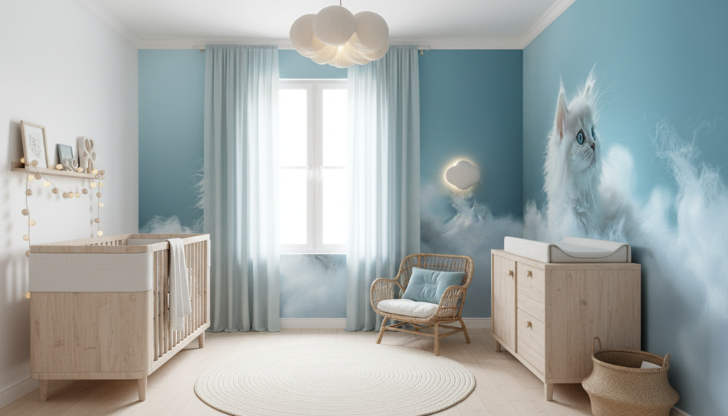 Chat blanc aux yeux bleus dans les nuages célestes - Chambre bébé