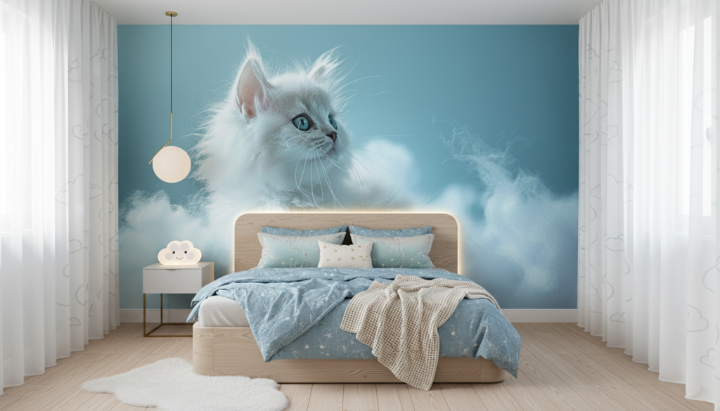 Chat blanc aux yeux bleus dans les nuages célestes - Chambre enfant