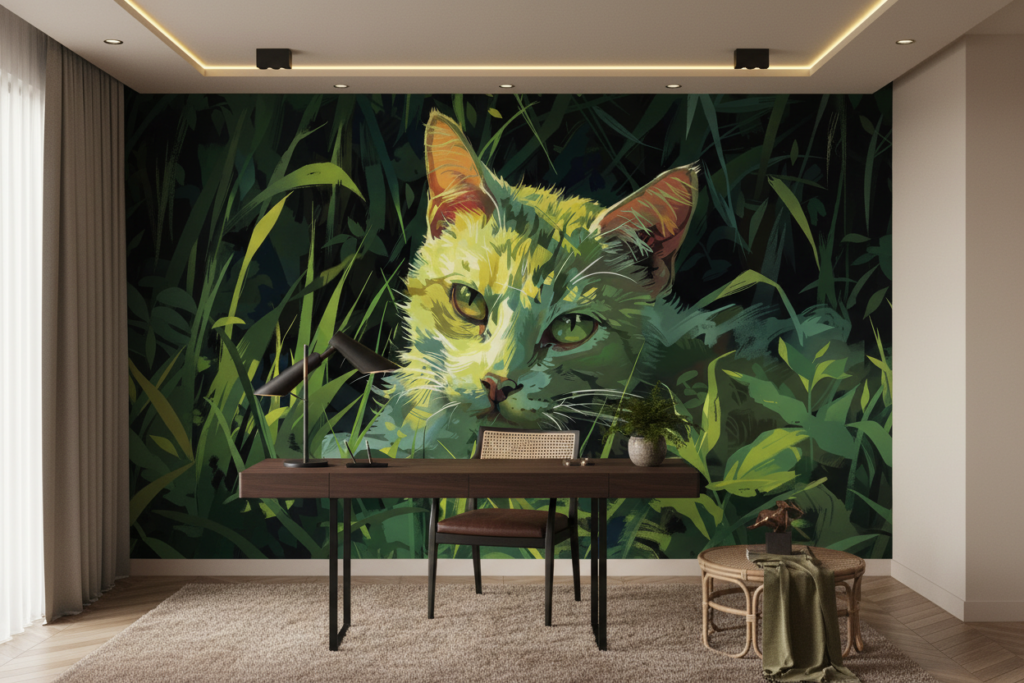 Chat dans la jungle luxuriante aux tons verts dorés - Bureau