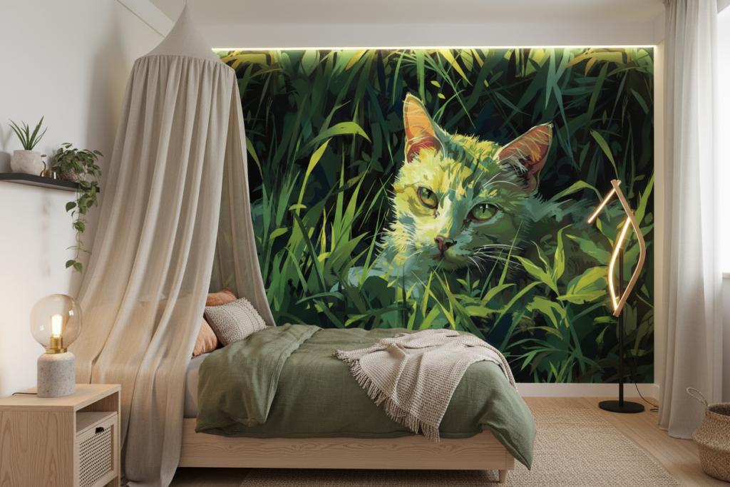 Chat dans la jungle luxuriante aux tons verts dorés - Chambre ado