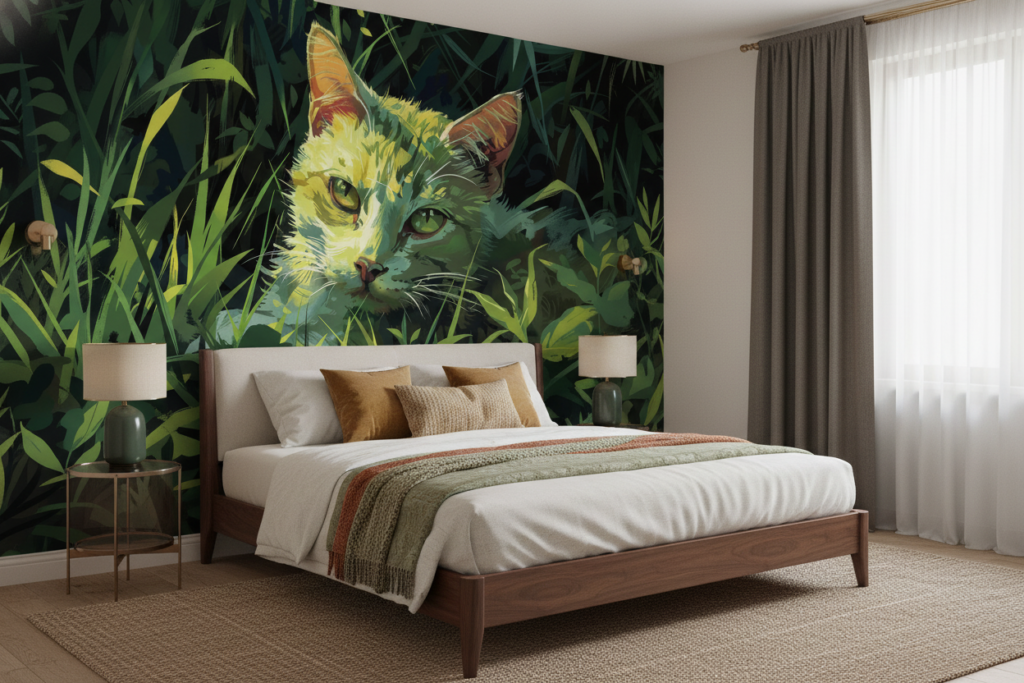 Chat dans la jungle luxuriante aux tons verts dorés - Chambre adulte