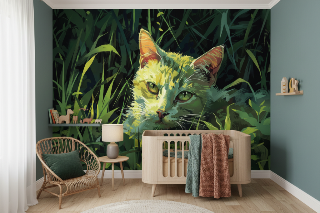 Chat dans la jungle luxuriante aux tons verts dorés - Chambre enfant