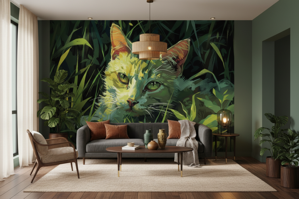 Chat dans la jungle luxuriante aux tons verts dorés - Salon / Séjour