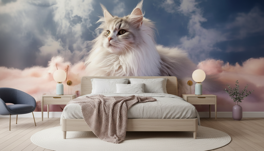 Chat Maine Coon Majestueux sur Nuages Roses et Bleus - Chambre adulte