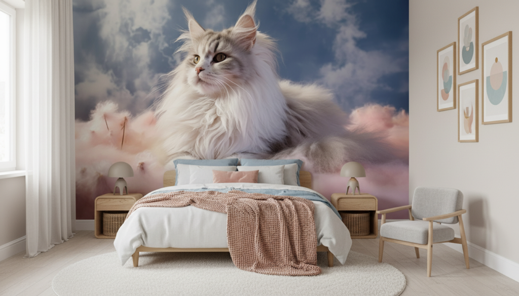 Chat Maine Coon Majestueux sur Nuages Roses et Bleus - Chambre enfant
